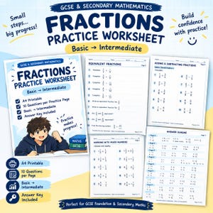 Puede incluir: Un conjunto de hojas de ejercicios de matemáticas sobre fracciones para nivel secundario, desde básico hasta intermedio. Las páginas incluyen fracciones equivalentes, sumas, restas y números mixtos, junto con una hoja de respuestas incluida.