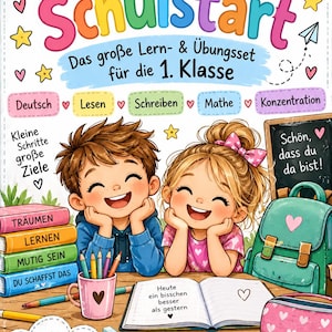 Peut inclure: Une couverture de livre éducatif colorée intitulée Mein Schulstart montrant un garçon et une fille souriants à un bureau avec des fournitures scolaires, une pile de livres étiquetés Träumen, Lernen, Mutig Sein, Du Schaffst Das et du texte.