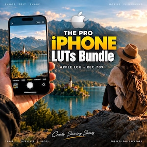 Peut inclure: Un smartphone affichant une interface d'appareil photo avec une vue paysagère d'un lac et de montagnes. L'écran présente le texte THE PRO IPHONE LUTs Bundle, APPLE LOG + REC.709 et Create Stunning Stories. En arrière-plan, une personne avec un sac à dos.