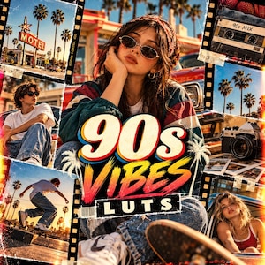 May include: A collage featuring the text 90s VIBES LUTS, showcasing a person in a patterned jacket and sunglasses, a motel sign, a cassette tape labeled 90s MIX, a Canon camera, a skateboarder, and a person in a car, all framed by film strips.
