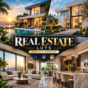 May include: A digital product graphic titled REAL ESTATE LUTS MOBILE & DESKTOP featuring software icons for Lightroom, DaVinci Resolve, and Final Cut Pro. The image displays luxury home exteriors, a modern living room, and a marble kitchen island.