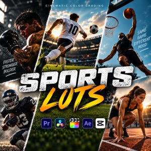 Peut inclure: Un graphique numérique intitulé SPORTS LUTS présentant cinq scènes sportives avec un boxeur, un footballeur, un basketteur, un joueur de football américain et un coureur, incluant les icônes des logiciels Pr, DaVinci Resolve, Final Cut, Ae et CapCut.