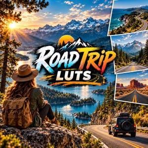 May include: A digital graphic titled ROAD TRIP LUTS featuring a person in a brown hat and backpack overlooking a lake and mountains, with smaller inset photos of coastal roads, mountain highways, desert landscapes, and a black SUV on a road.