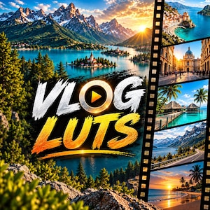 May include: A digital graphic featuring the text VLOG LUTS with a play button icon, overlaid on a scenic mountain lake landscape. A vertical film strip on the right displays five smaller images of coastal towns, architecture, and tropical beaches.