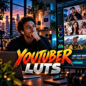 May include: A digital display showing video editing software with multiple windows featuring people in various settings, including a person in a black hoodie, a person holding a white box, and a person in a yellow jacket in a mountain landscape.