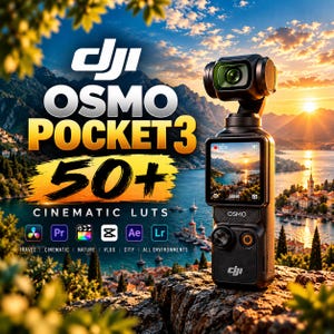 May include: A black DJI Osmo Pocket 3 camera with a rotating gimbal lens and a vertical touchscreen display. The text reads DJI OSMO POCKET 3 50+ CINEMATIC LUTS, with icons for video software and labels including TRAVEL, CINEMATIC, NATURE, VLOG, CITY, ALL ENVIRONMENTS.