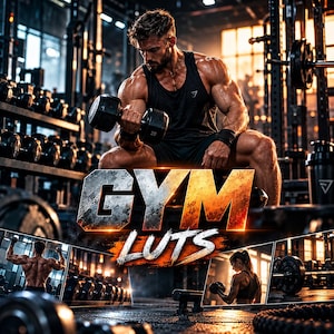 May include: A digital graphic featuring the text GYM LUTS with a metallic and fiery texture. The composition includes multiple scenes of individuals performing weightlifting exercises with dumbbells and barbells in a gym environment.