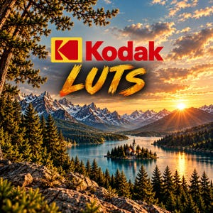 以下が含まれることがあります： 赤と黄色のKodakロゴと、筆致フォントで書かれたLUTSという文字が配置されたデジタルグラフィック。背景には、湖、教会のある小さな島、松の木、そして夕暮れ時の雪を頂いた山々が描かれた風景が広がっています。