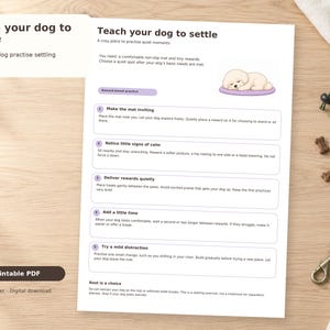 Peut inclure: Un document pédagogique blanc intitulé Teach your dog to settle avec cinq étapes numérotées, une illustration de chien endormi sur un tapis violet et du texte détaillant des méthodes de dressage pour la relaxation canine, format PDF.