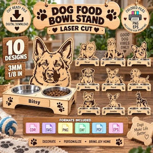 May include: A digital download set for laser-cut dog food bowl stands, featuring 10 designs with various dog breeds. The set includes 3mm or 1/8 inch thick wood templates, SVG, PNG, EPS, DXF, PDF, and CDR file formats for personalization.