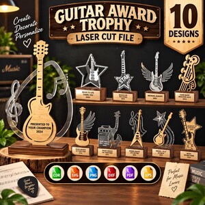 May include: A collection of ten laser-cut guitar award trophies featuring wooden and clear acrylic designs. The display includes various guitar shapes, stars, and musical notes on wooden bases with engraved text like Presented to Your Champion 2024.