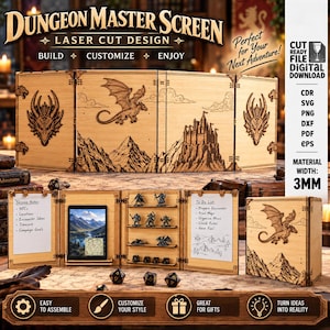 May include: A wooden Dungeon Master screen featuring laser-cut dragon and castle illustrations. The interior includes a tablet holder, shelves for miniature figures, and white boards for notes. The material width is 3mm, and it is a digital download.