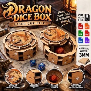 May include: A laser-cut wooden dice box featuring a circular design with a dragon illustration on the lid. The box has a 3mm material width and includes multiple compartments. The text reads Dragon Dice Box Laser Cut File.