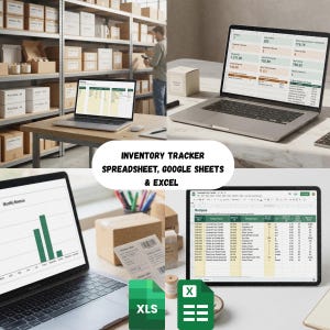 Puede incluir: Una hoja de cálculo de seguimiento de inventario para Google Sheets y Excel mostrada en varias pantallas de portátiles. La interfaz digital muestra tablas de datos, gráficos de barras de ingresos mensuales y listas de recetas de productos.