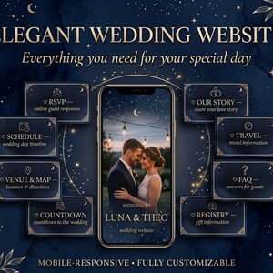May include: A digital wedding website template featuring a dark blue celestial background with gold accents. The mobile screen displays a couple, the text LUNA & THEO, and navigation buttons for RSVP, Schedule, Venue, Countdown, Our Story, Travel, FAQ, and Registry.