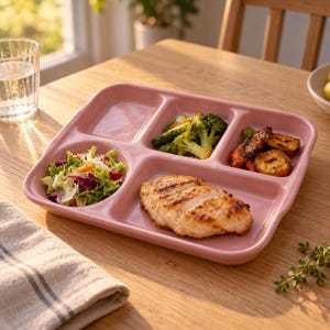 Puede incluir: Un plato cuadrado de cerámica de color rosa empolvado dividido en cinco secciones. El plato contiene una ensalada verde fresca, brócoli al vapor, verduras de raíz asadas y una pechuga de pollo a la parrilla, dejando una sección vacía.