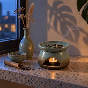 Ceramic Incense Burner, Celadon Green Wax Warmer, Essential Oil Tealight Diffuser, Aromatherapy Meditation Decor