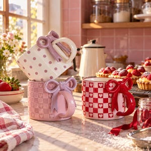 May include: Three ceramic mugs with handles shaped like bows. One cream mug with pink polka dots, one pink mug with a checkered heart pattern, and one red and white checkered mug with heart icons. Each mug features a prominent 3D bow handle.