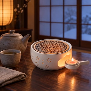 May include: A white ceramic tea warmer with a cutout flower pattern and a circular metal grate top. A small handle extends from the side, holding a lit tea light candle. The warmer sits on a dark wooden surface next to a matching tea cup and teapot.