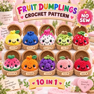 May include: A collection of ten crocheted fruit characters, including a lemon, blueberry, dragon fruit, kiwi, strawberry, watermelon, orange, grape, peach, and apple. Each plush fruit sits in a small brown crocheted basket with a label.