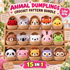 15-i-1-mönster för virkmönster med djurdumplings, amigurumi med låg sömnadsförmåga i PDF-format med matchande korgar, digital nedladdning