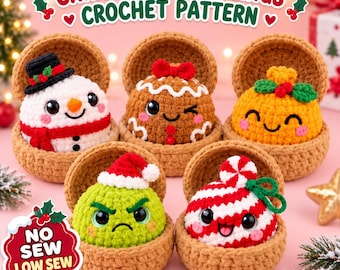 Christmas Dumplings No-Sew Crochet Pattern, 5 Festive Amigurumi Characters with Lidded Baskets, Digital PDF
