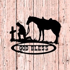 God Bless Praying Cowboy Western Designer sign, Metal Religious and Christian Wall Art image 1