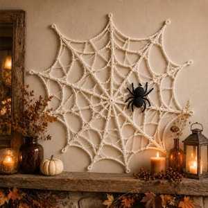May include: A large, off-white crocheted spider web wall hanging featuring a single black crocheted spider attached to the center right. The web has a radial design with interconnected loops and is displayed against a neutral-colored wall.