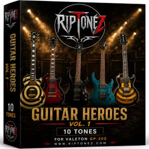 Puede incluir: Una caja de producto para RipToneZ Guitar Heroes Vol. 1, con cinco guitarras eléctricas en patrones negros, rojos, azules y amarillos. La caja muestra el texto RipToneZ, Guitar Heroes Vol. 1, 10 Tones, for Valeton GP-200 y www.riptonez.com.