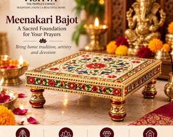 Meenakari Bajot per Puja, Pooja Chowki in legno, supporto Mandir, arredamento Puja indiano
