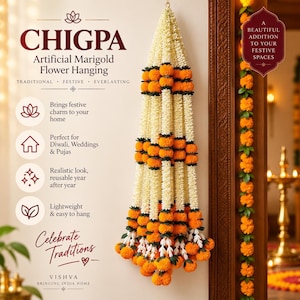 May include: A vertical artificial marigold flower hanging featuring alternating sections of cream-coloured jasmine-like strands and bright orange marigold blossoms. The text CHIGPA Artificial Marigold Flower Hanging is visible along with descriptive bullet points.
