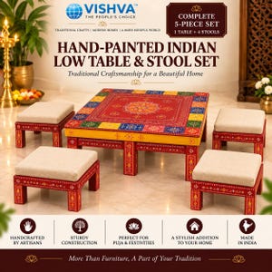 May include: A five-piece furniture set featuring a square, hand-painted low table with a red centre and colourful border, accompanied by four matching low stools with beige upholstered seats and red, hand-painted wooden frames and legs.