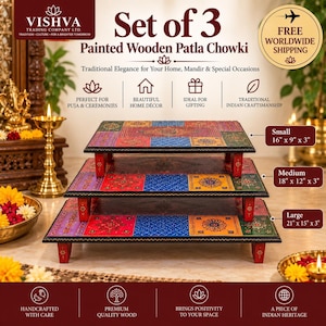 May include: A set of three rectangular wooden Patla Chowki stools with painted surfaces in red, blue, yellow, and green. The small stool is 41 cm by 23 cm by 8 cm, the medium is 46 cm by 30 cm by 8 cm, and the large is 53 cm by 38 cm by 8 cm.