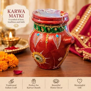 May include: A red clay Karwa Matki pot decorated with green trim, gold accents, and white painted patterns. The pot features a small spout on the side and is wrapped in clear plastic. Text on the image reads KARWA MATKI A symbol of love, tradition and faith.