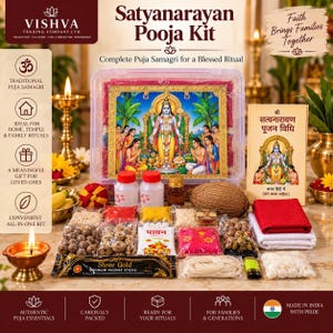 May include: A Satyanarayan Pooja Kit in a clear plastic container featuring an image of Lord Vishnu. The set includes various ritual items like incense sticks, a coconut, powders, and a book titled Satyanarayan Pujan Vidhi in Hindi script.