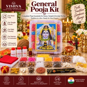 May include: A General Pooja Kit in a clear plastic box featuring an image of Lord Shiva. The kit includes small bottles labelled Ganga Jal, Gulab Jal, and Honey, along with various packets of powders, seeds, incense sticks, and a coconut.