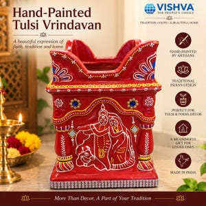 May include: A red hand-painted Tulsi Vrindavan planter featuring a relief of Krishna and Radha with a cow. The structure is decorated with white, yellow, and blue patterns, small mirrors, and a silver rhinestone trim along the base edge.