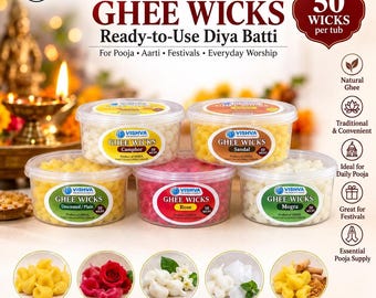 May include: Five clear plastic tubs of Vishva Ghee Wicks, labelled as Ready-to-Use Diya Batti. The tubs contain small, solid wicks in yellow, pink, and white. Labels indicate scents including Camphor, Sandal, Unscented, Rose, and Mogra, with 50 wicks per tub.