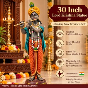 May include: A 30 inch Lord Krishna statue featuring a dark-skinned figure wearing a yellow turban with a peacock feather, an orange dhoti, and a teal shawl. The figure holds a gold flute and is adorned with necklaces, bracelets, and a tilak.