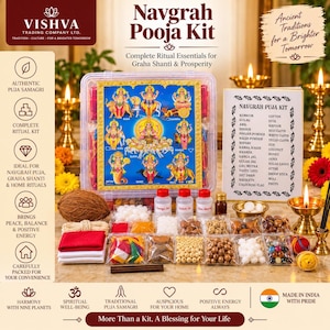 May include: A Navgrah Pooja Kit in a clear plastic container featuring a colorful illustration of nine deities. The set includes various ritual items in small plastic bags, a coconut, red and white cloths, and a printed list of contents.
