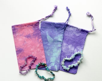 Tie dye gift bags in pastel colors, pink, turquoise, purple, fabric bags set of 3