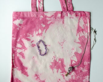 Tie dye tote bag in pink with short handles, grocery bag, reusable boho style bag, scrunched design