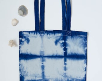 Shibori tote, dark blue, white