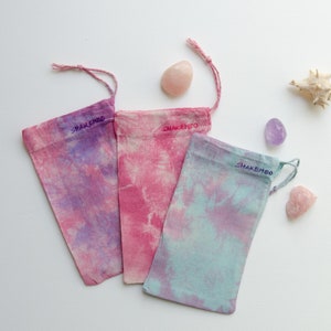 Petits sacs à cordon, sacs à bijoux aux couleurs pastel, bleu clair, violet, rose, ensemble de 3 petits sacs en coton, sacs cadeaux tie dye colorés