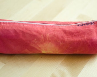 pencil pouch, tie dye, red and yellow with circle, zippered pouch, cotton