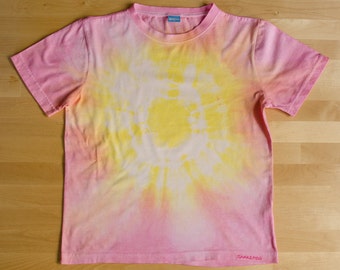 Tie dye tee, size 8, pink, yellow, white, circle, unique, fair trade t-shirt, age 8-9, shibori, girl, boy, unisex
