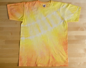 small size, tie dye tshirt, shibori, unisex, orange, yellow, size S