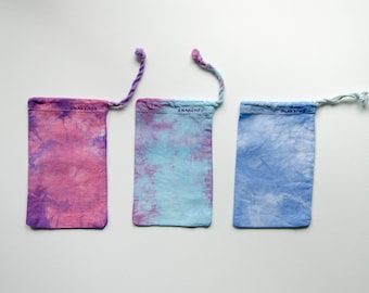 Tie dye gift bags in pastel colors, light blue, turquoise, purple, pink, set of 3 little cotton bags