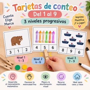 Könnte beinhalten: Lernkarten zum Zählen der Zahlen 1 bis 9 in drei progressiven Schwierigkeitsstufen. Die Karten zeigen Illustrationen eines Braunbären, bunter Buntstifte und blauer Schiffe mit Zahlen darunter. Enthält hölzerne Wäscheklammern und Stifte.