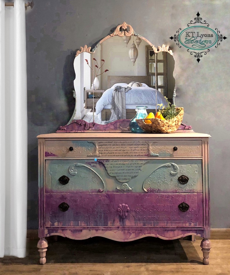 Antique Boho Dresser Ombré Bedroom Painted Mirror Furniture Buffet Chest Of Drawers